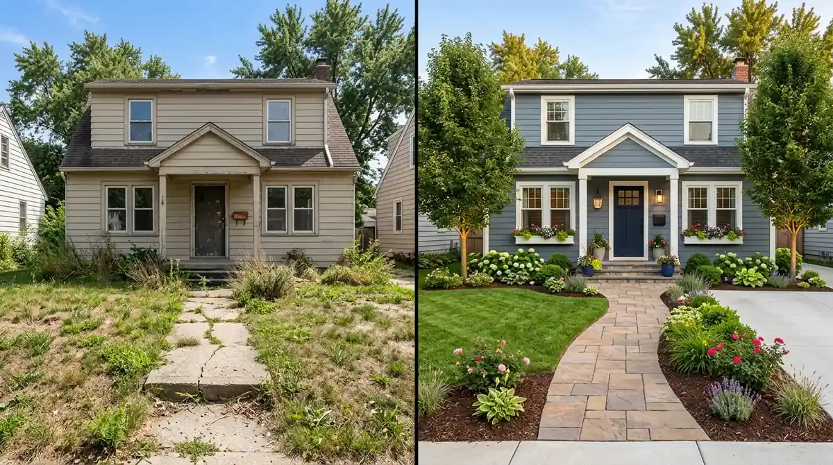 Before and after comparison of a home exterior: the left shows a plain house with bare lawn and no landscaping, and the right shows the same house transformed with a lush garden, stone pathway, flowering shrubs, and warm exterior lighting