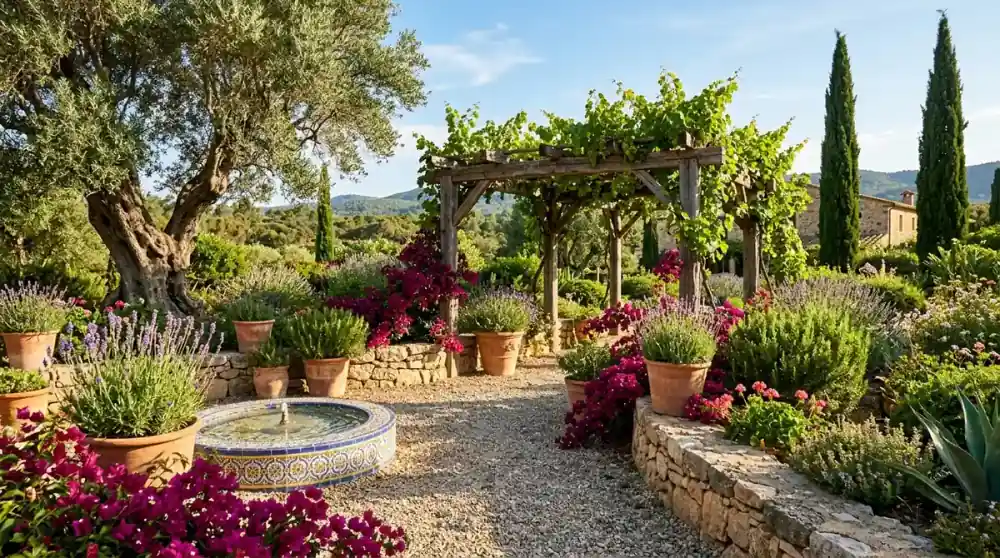 A Mediterranean garden with terracotta pots overflowing with lavender and rosemary, a stone fountain centerpiece, olive trees with silver-green foliage, gravel pathways, and warm sandstone walls