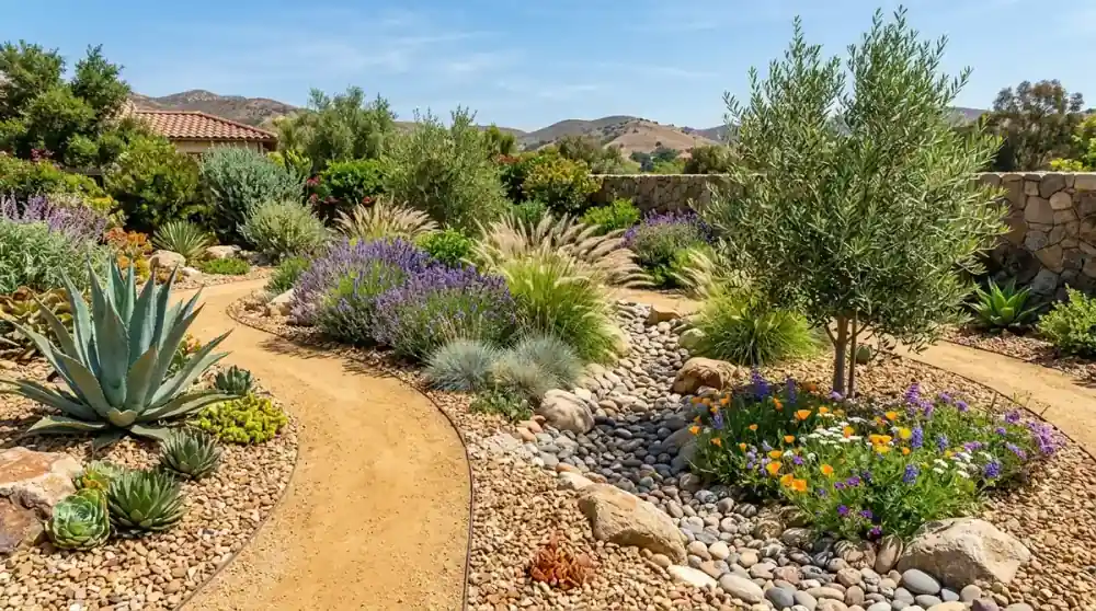 A sustainable xeriscape garden with native drought-tolerant succulents, ornamental grasses, decomposed granite pathways, rain garden bioswale, and recycled stone pavers in a modern residential setting