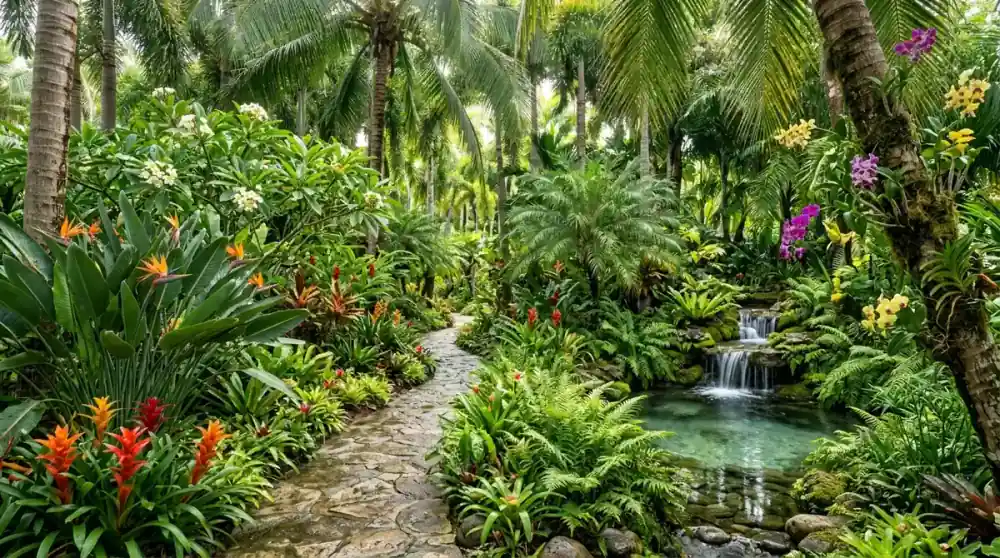 A lush tropical garden with tall palm trees, large-leafed banana plants, vibrant heliconia and bird of paradise flowers, a natural stone waterfall, and dense layered green foliage