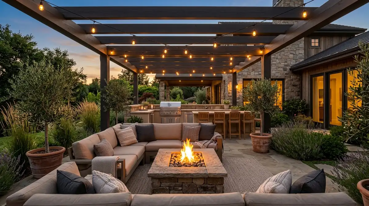 A luxurious covered patio with a pergola draped in string lights, comfortable outdoor seating with plush cushions, a stone fireplace, potted plants, and a dining area overlooking a landscaped garden at dusk