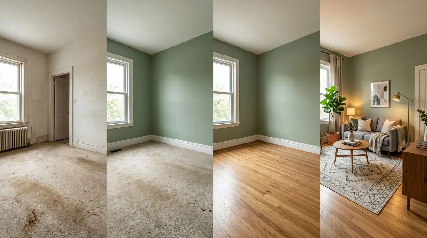 A five-stage workflow diagram showing a living room progressively transformed: original photo, AI wall redesign, AI floor redesign, AI furniture replacement, and final combined result
