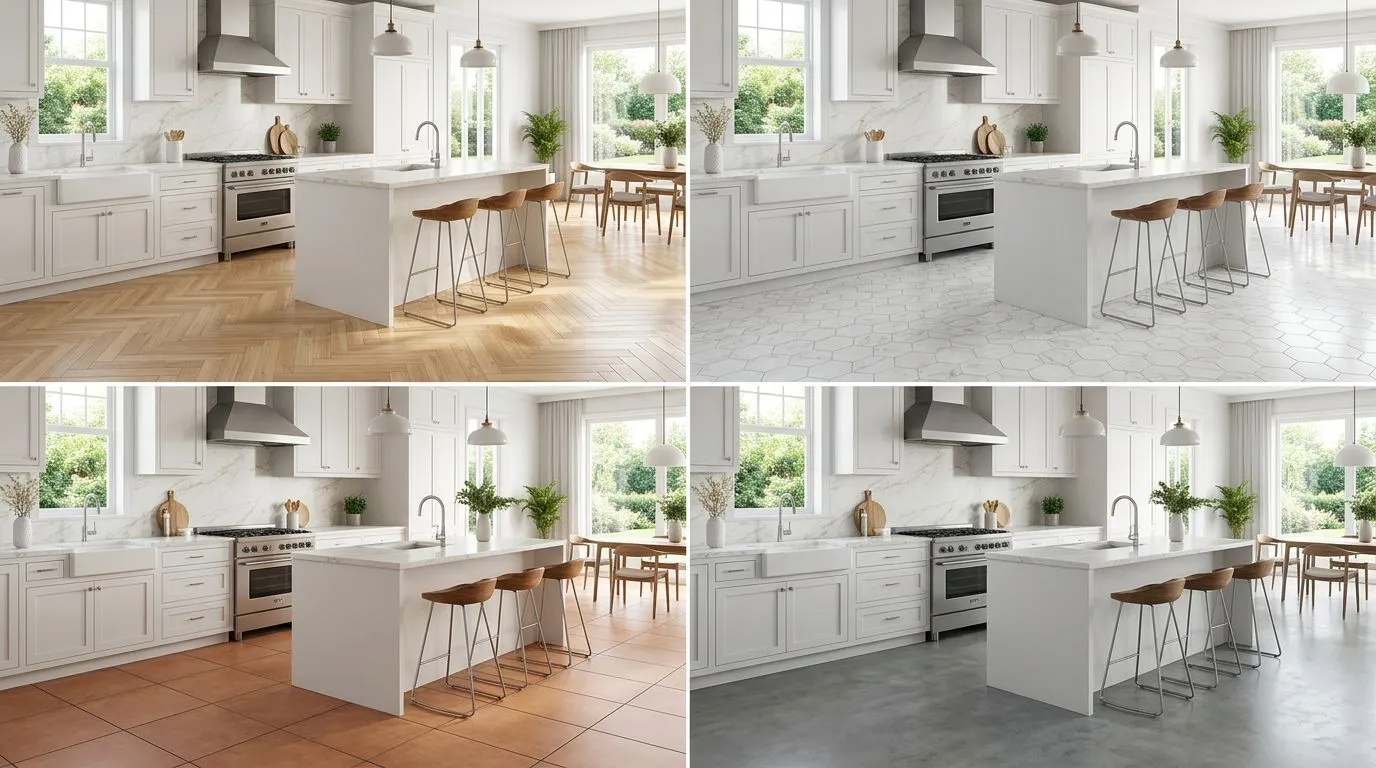 Four-panel comparison of the same kitchen rendered with different flooring materials: white oak hardwood, large-format porcelain tile, natural slate, and luxury vinyl plank