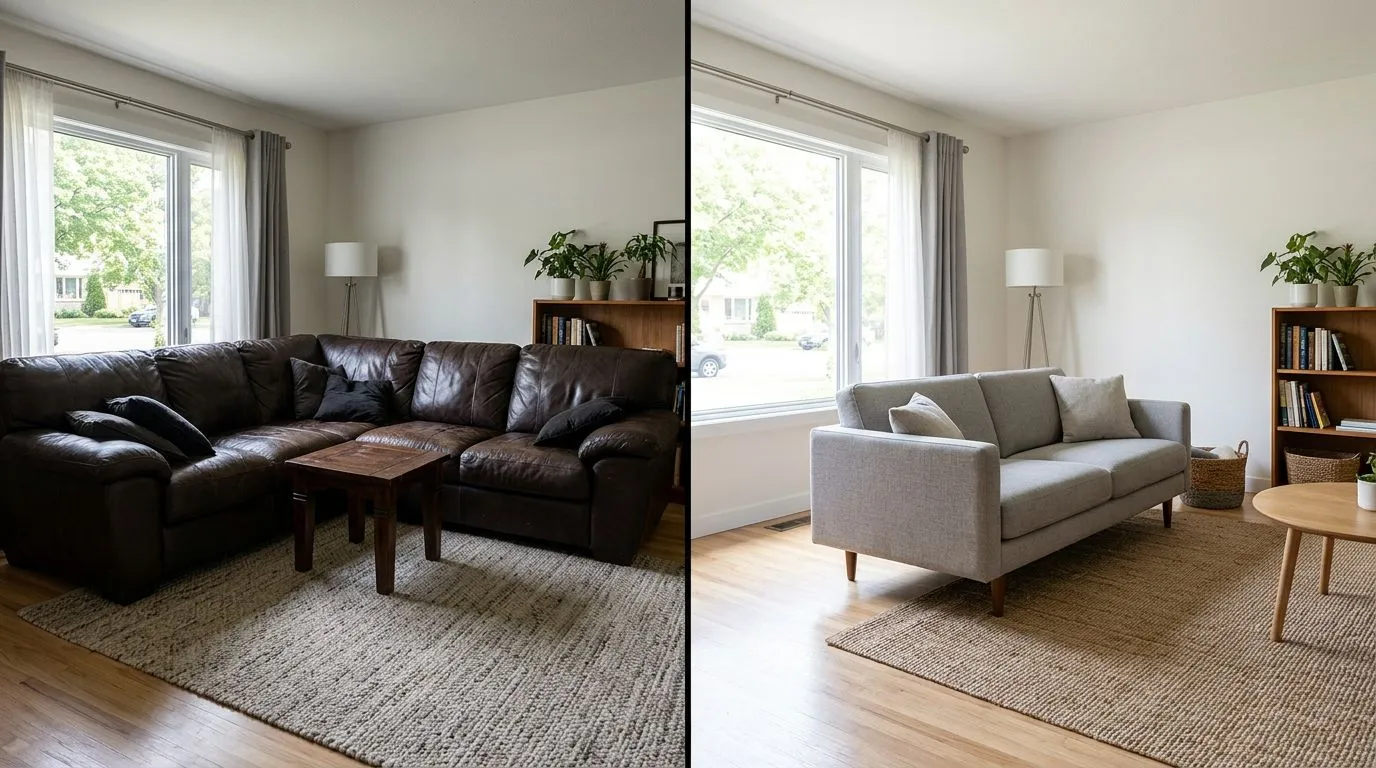 A living room shown with three different sofa options AI-rendered into the same position, demonstrating how each style, color, and scale works in the actual space
