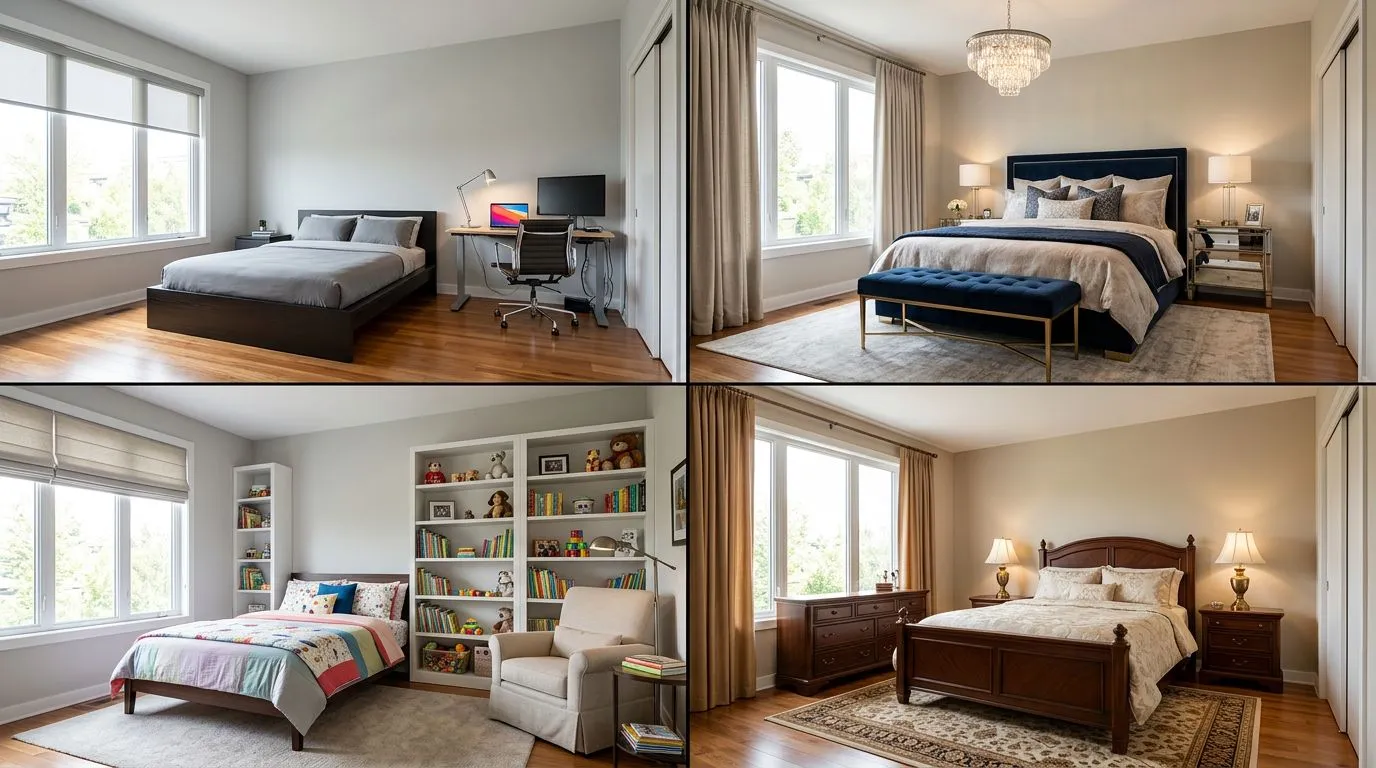 Grid showing the same empty room staged in four different interior design styles: modern minimalist, traditional, mid-century modern, and coastal