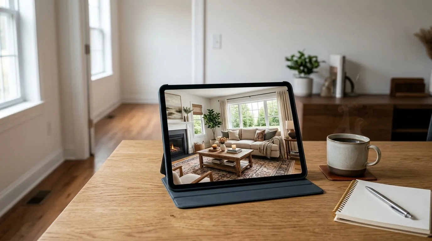 A professional real estate listing photo with a clear virtual staging disclosure label visible in the corner of the image