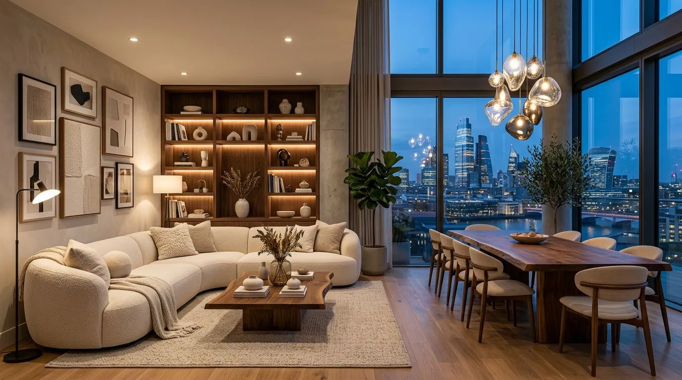 AI Home Designer transforming a dated living room with outdated furniture and wallpaper into a contemporary open-concept space while preserving the original room architecture