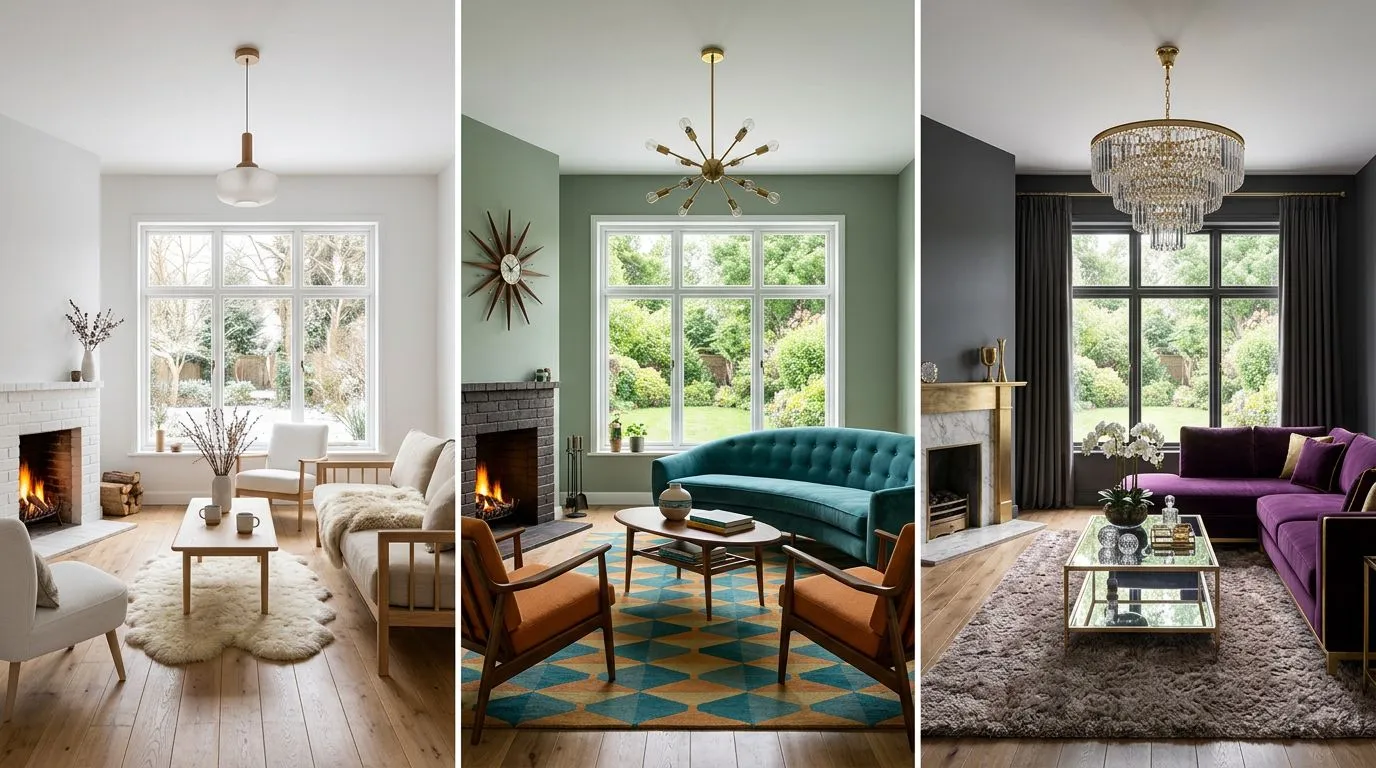 Room Design AI generating a complete modern living room concept with furniture, lighting, and decor from a text prompt, showing multiple style variations