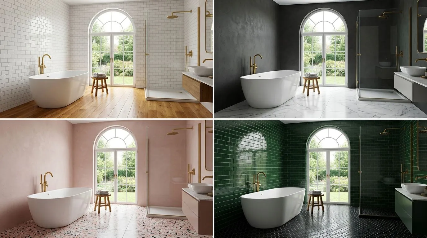 Split view showing AI wall design with a new accent wallpaper on the left and AI floor design with herringbone hardwood flooring on the right, both rendered onto real room photographs