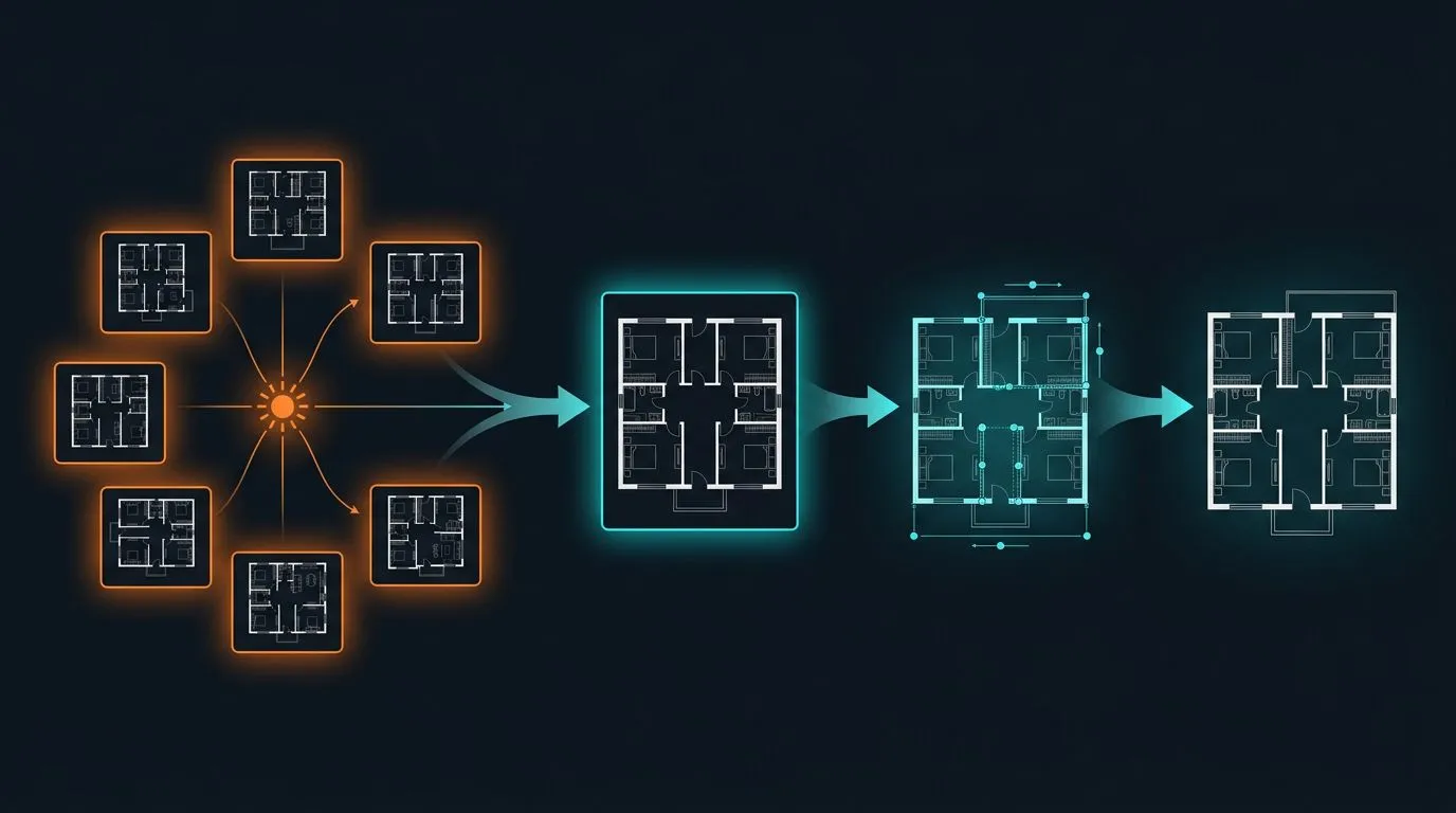 Gezamenlijk workflowdiagram: De AI-generator produceert meerdere opties, de gebruiker selecteert de optimale kandidaatoplossing en vervolgens voert de AI-editor een fijnafstemming en optimalisatie uit.