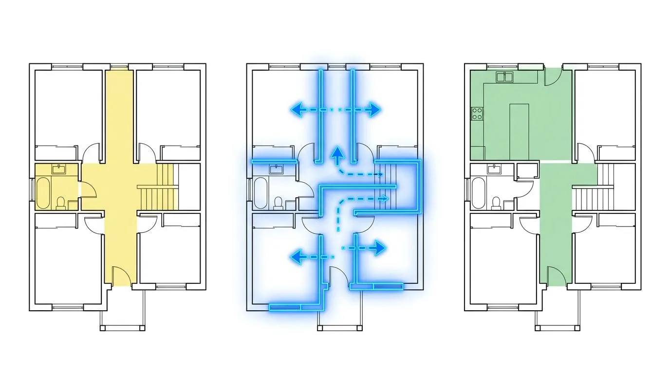 Driestappenbewerkingsproces: originele plattegrond uploaden → AI analyseert ruimtelijke structuur → aangepaste wijzigingsresultaten uitvoeren