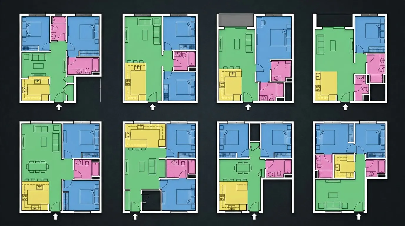 Zes verschillende plattegrondopties, gegenereerd door AI op basis van dezelfde reeks vereisten, die diverse ruimtelijke configuratiestrategieën laten zien.